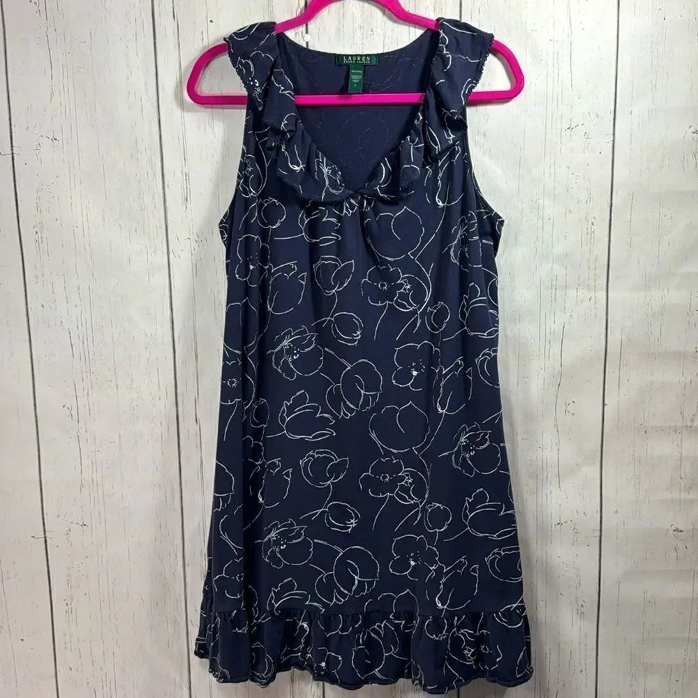 Lauren Ralph Lauren Navy Floral Ruffle Hem Sleeveless Dress Coastal Cottagecore